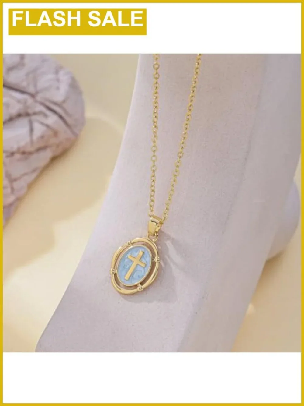 14K Gold Plated Cross Necklace Oval Enamel Pendant Adjustable 16.5-18.5